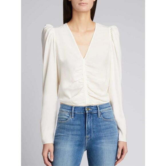 Frame Long-Sleeve Blouse Medium Off-White w V-Neck Ruched NEW W TAGS !! - Picture 13 of 14